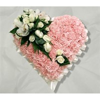 With Sympathy Flowers - Pink Carnation Based Heart Edged With Pink Ribbon 12inch